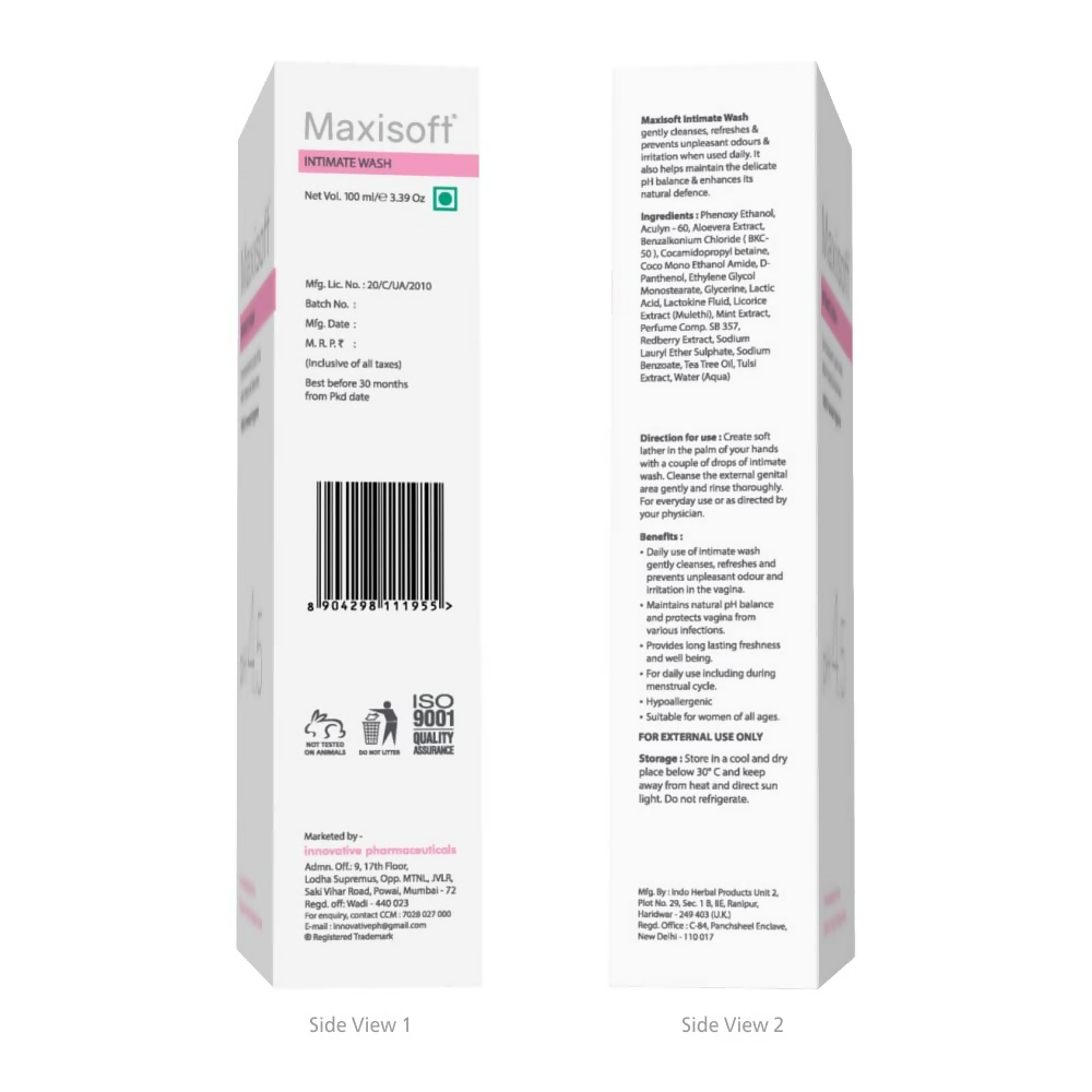 Maxisoft Intimate Wash With Aloe Vera, Glycerine Licorice Redberry Tea Tree Oil & Tulsi pH 4.5 Balanced | Grocsy