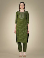 Jyoti Fashion Women's Mehendi Cotton Magic Slub Embroidery & Sequence work Kurta with Trouser & Dupatta | Grocsy