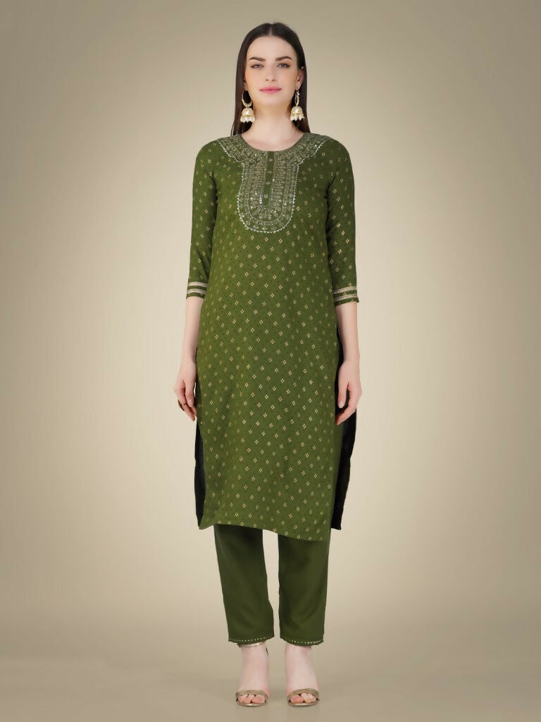 Jyoti Fashion Women's Mehendi Cotton Magic Slub Embroidery & Sequence work Kurta with Trouser & Dupatta | Grocsy