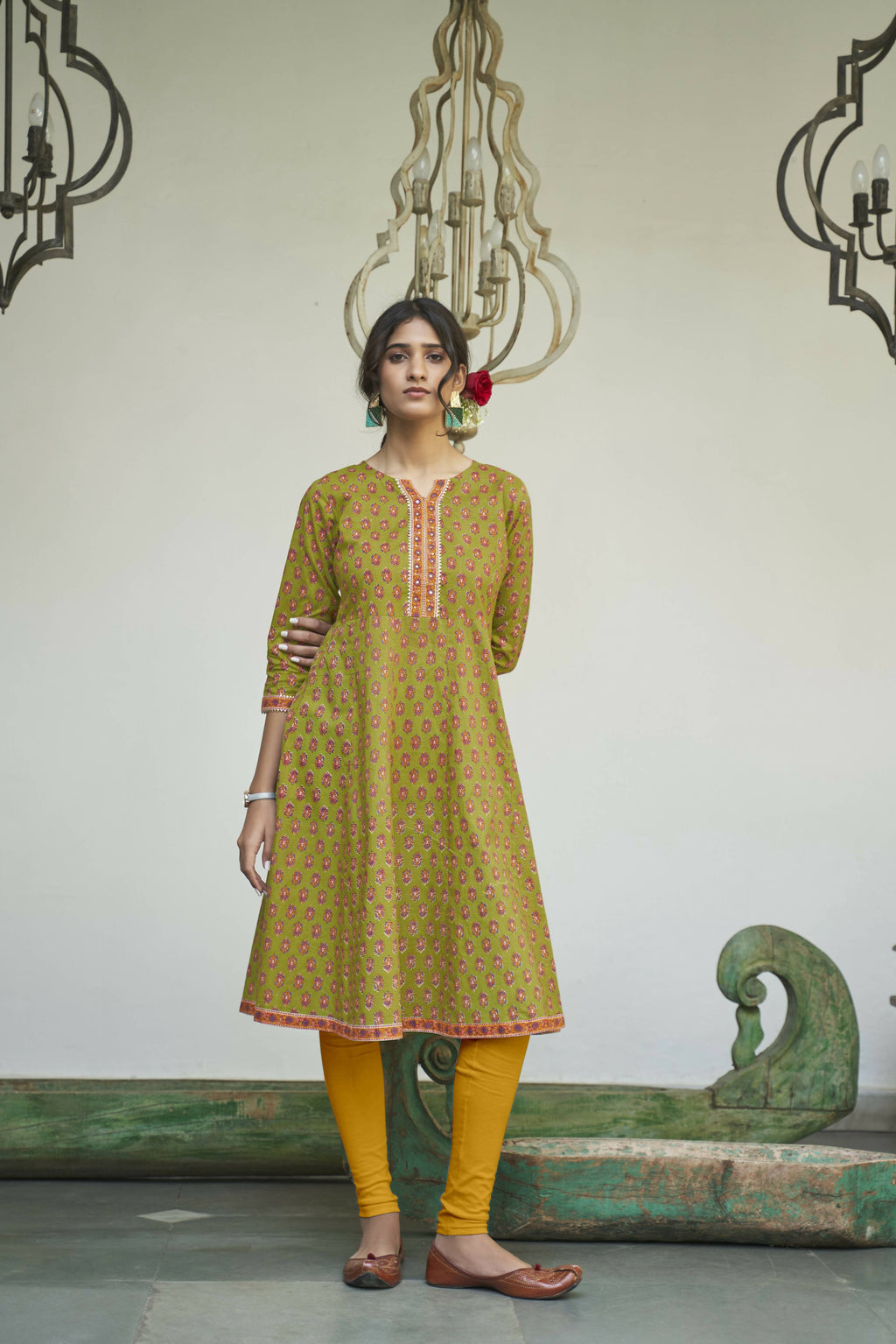 Green Cotton Floral Printed A line Kurta - Prasuti | Grocsy