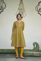 Green Cotton Floral Printed A line Kurta - Prasuti | Grocsy