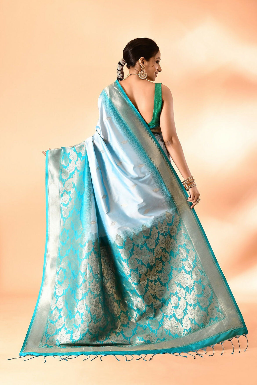 Joban Fashion Sky Blue & Rama Plain With Weaving Border Banarasi Silk Sarees | Grocsy