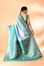 Joban Fashion Sky Blue & Rama Plain With Weaving Border Banarasi Silk Sarees | Grocsy