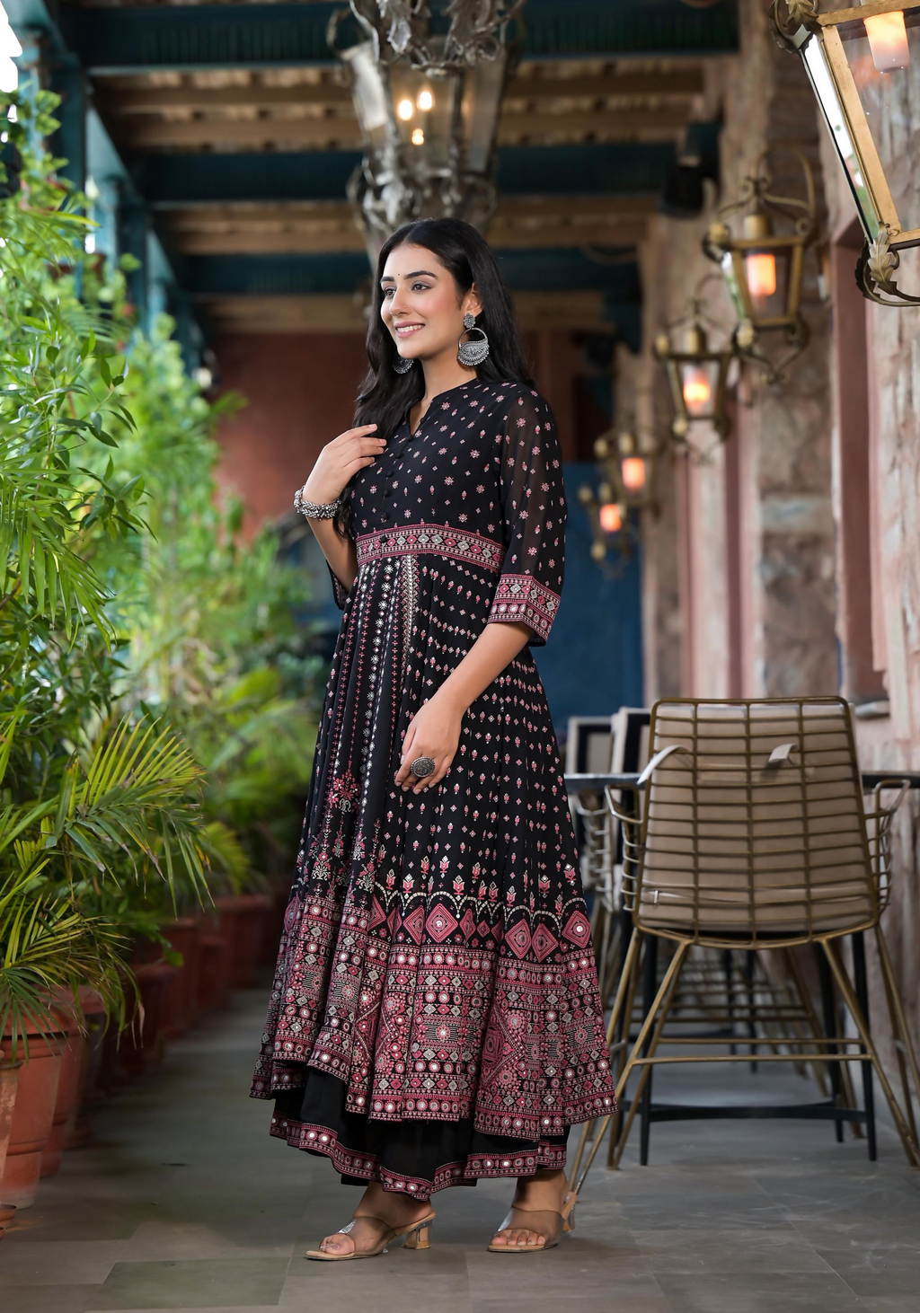 Juniper Women's Black Ethnic Motif Printed Georgette A-line Dress With Mirror Work & Sequins | Grocsy