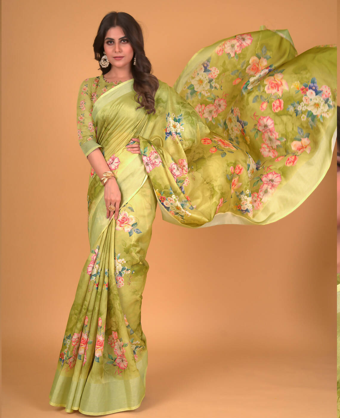Green Cotton Silk Floral Printed Saree With Unstitched Blouse Piece - Akshita | Grocsy