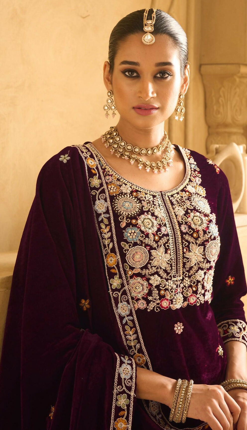 Anaita Maroon Embroidered Work Velvet Stitched Plazo Suit | Grocsy