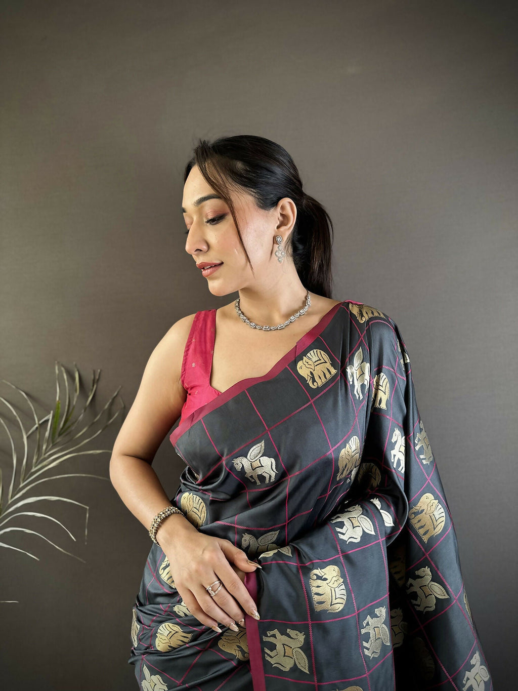 Joban Fashion Grey Elephant Motif Soft Silk Banarasi silk Saree | Grocsy