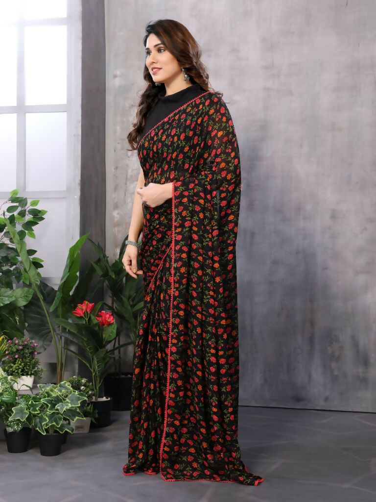 Partywear Designer Black & Red Georgette Fancy Saree - Satrangi | Grocsy