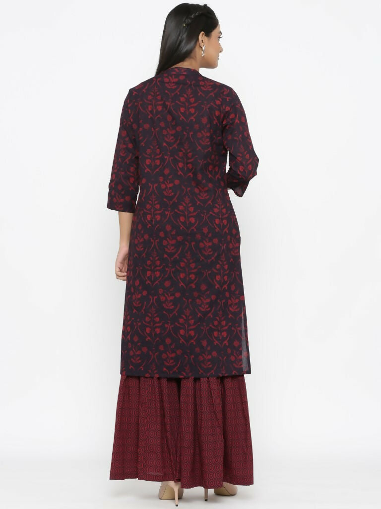 Miravan Women's Cotton Floral Print Straight Kurta Sharara Set | Grocsy