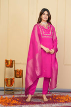Pink Viscose Chanderi Embroidered Stitched Suit With Dupatta - Tanisha | Grocsy