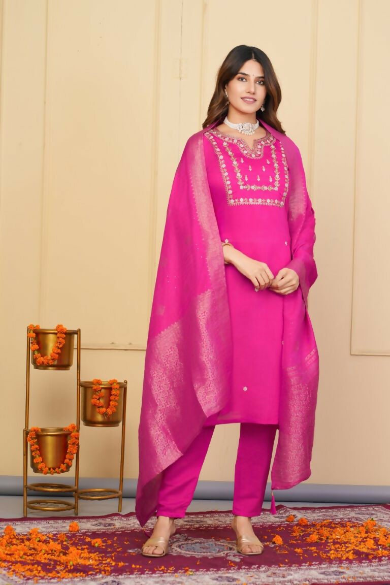 Pink Viscose Chanderi Embroidered Stitched Suit With Dupatta - Tanisha | Grocsy