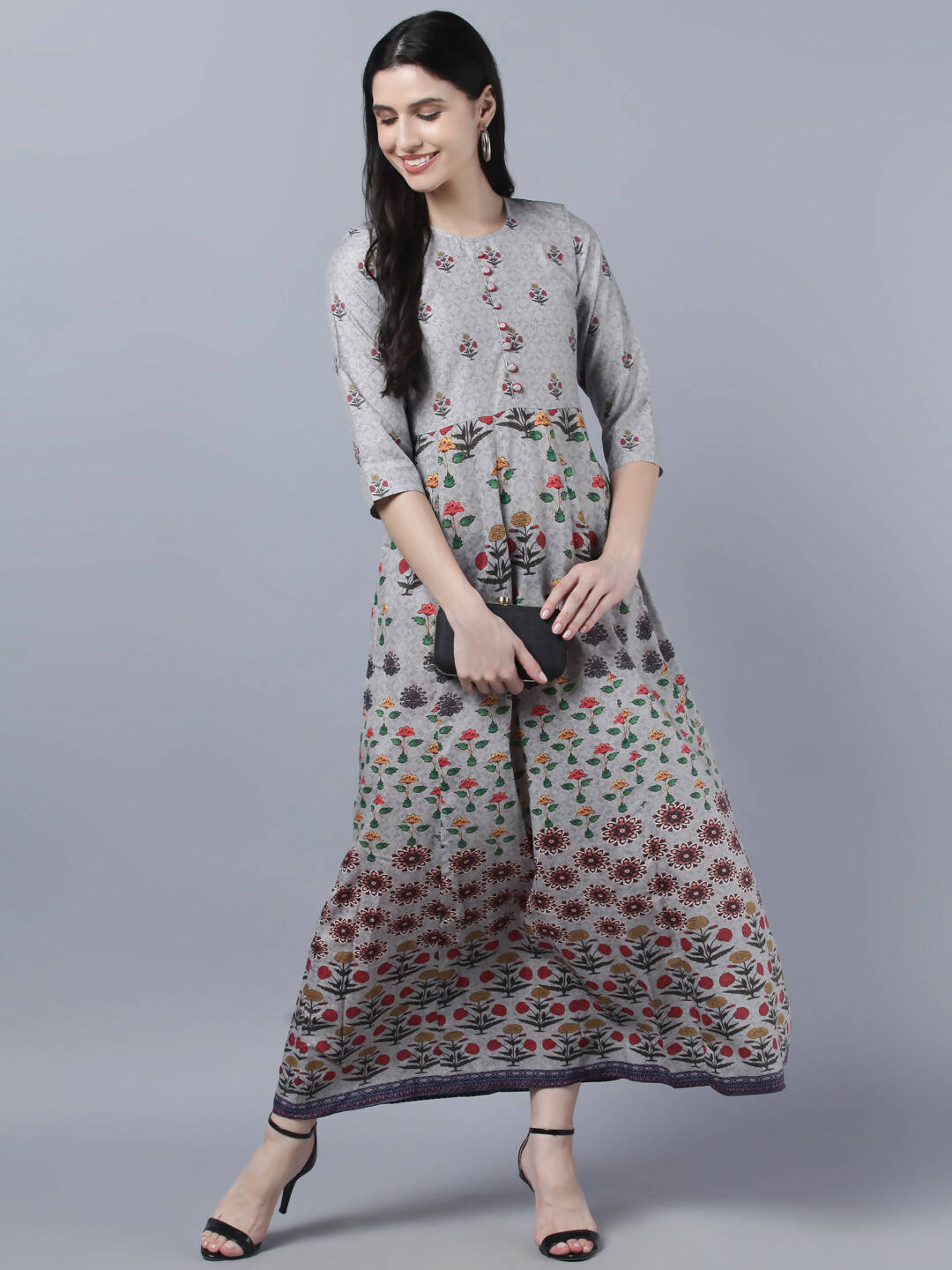 Myshka Women Grey Printed Ethnic Maxi Dress | Grocsy
