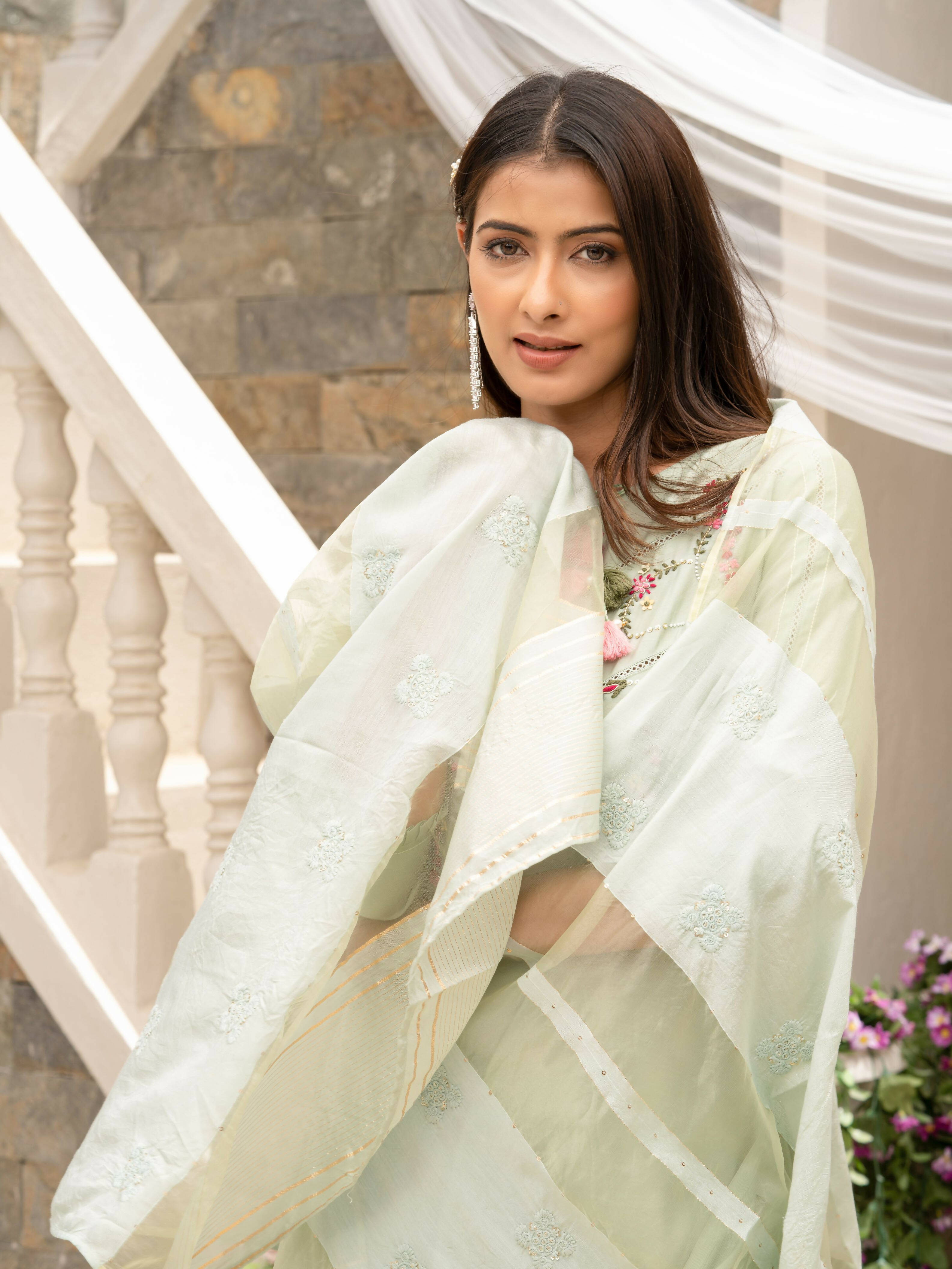 Pista Roman Silk Plain Kurta with Pant & Dupatta - Disha | Grocsy