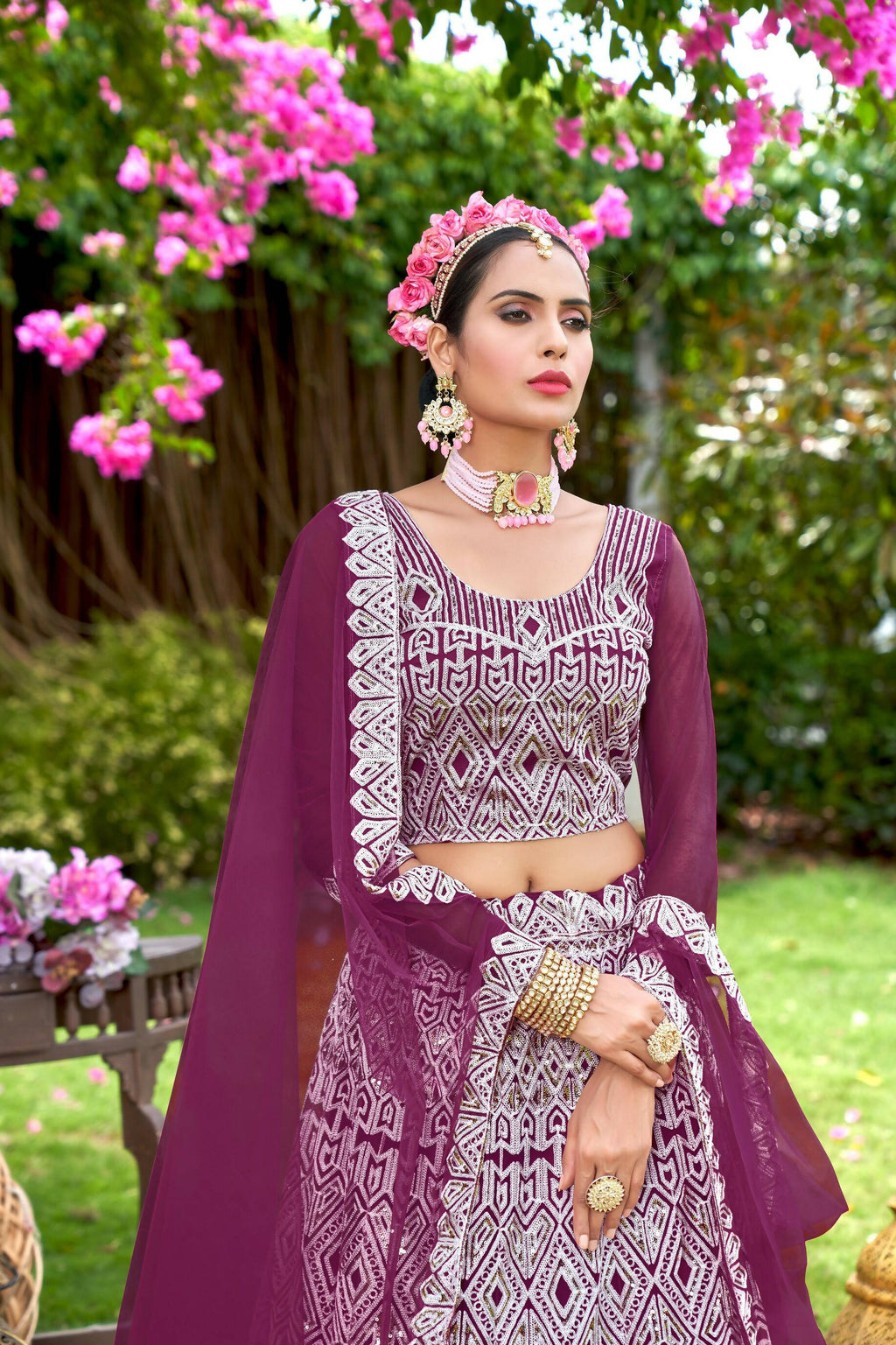 Purple Net Embroidered Semi Stitched Lehenga Choli with Dupatta - Bhagya | Grocsy