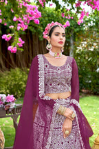 Purple Net Embroidered Semi Stitched Lehenga Choli with Dupatta - Bhagya | Grocsy