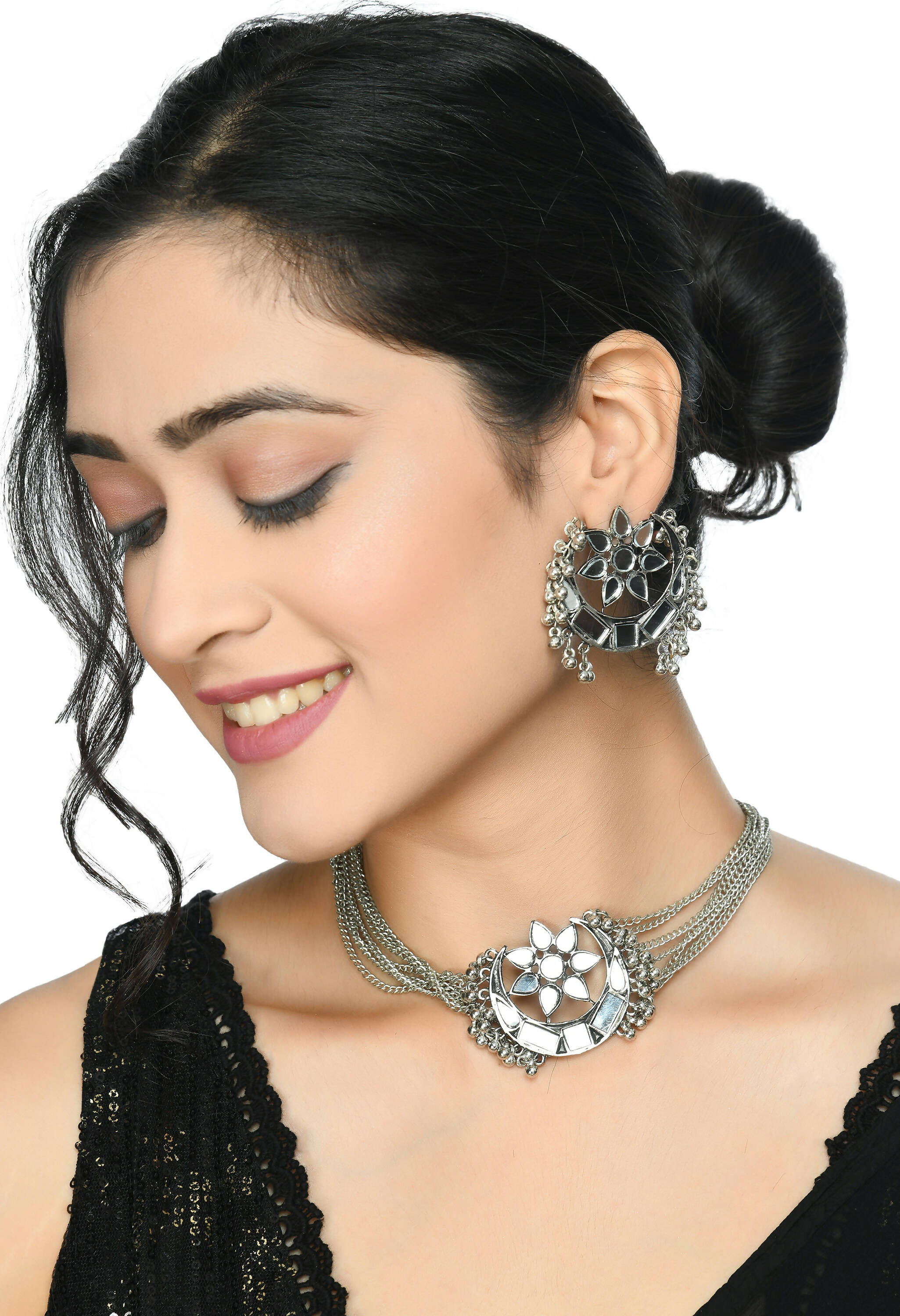 Mominos Fashion Johar Kamal Silver-Plated Brass Finish Mirror Work Choker For Women | Grocsy