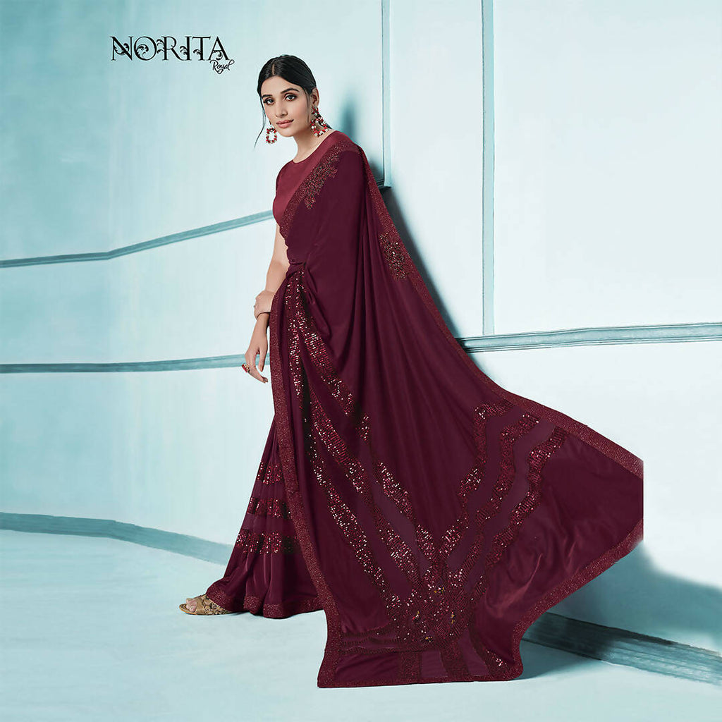Maroon Lycra sequence Saree with Unstitched Blouse Piece - Norita Elaura | Grocsy