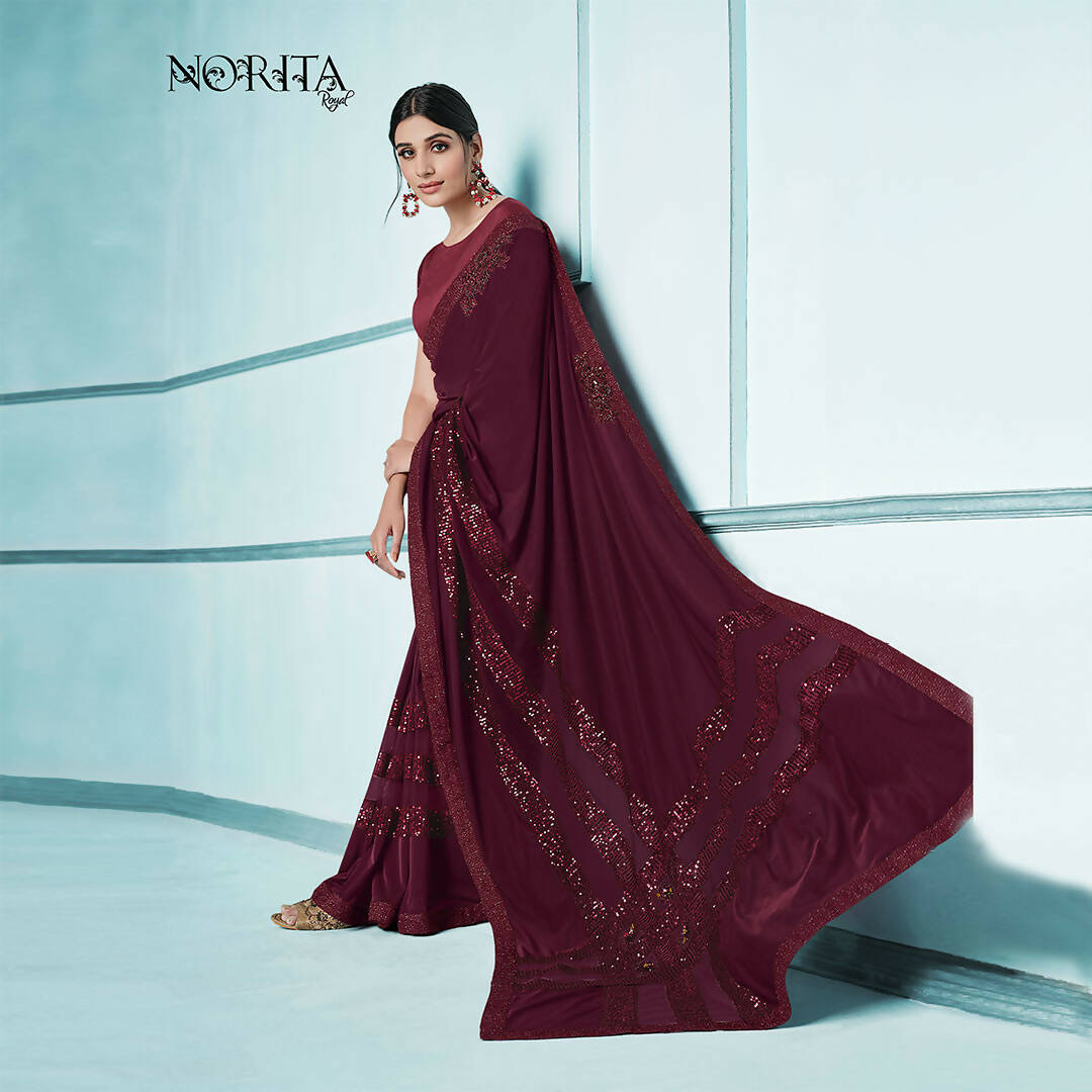 Maroon Lycra sequence Saree with Unstitched Blouse Piece - Norita Elaura | Grocsy