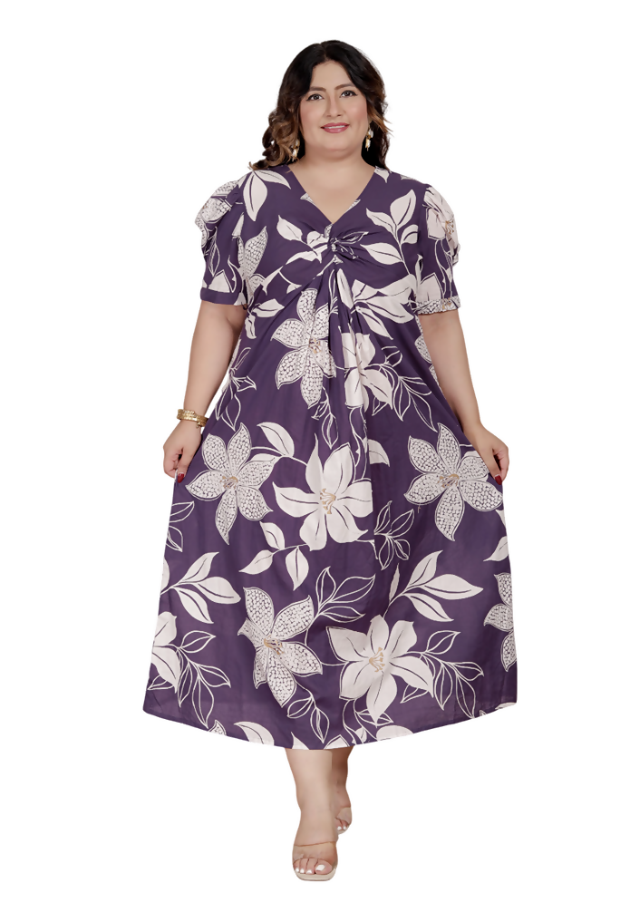Miravan Womens Plus Size Purple Pleated Puff Sleeve Floral Pure Cotton Butterfly Middi Dress | Grocsy
