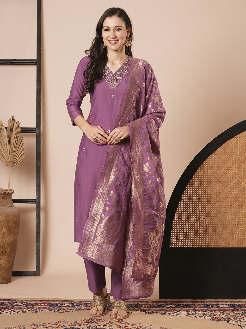 Mouve PV Chanderi Embroidery Work Kurta Set - Riya | Grocsy