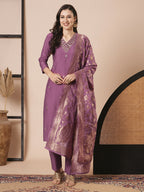 Mouve PV Chanderi Embroidery Work Kurta Set - Riya | Grocsy