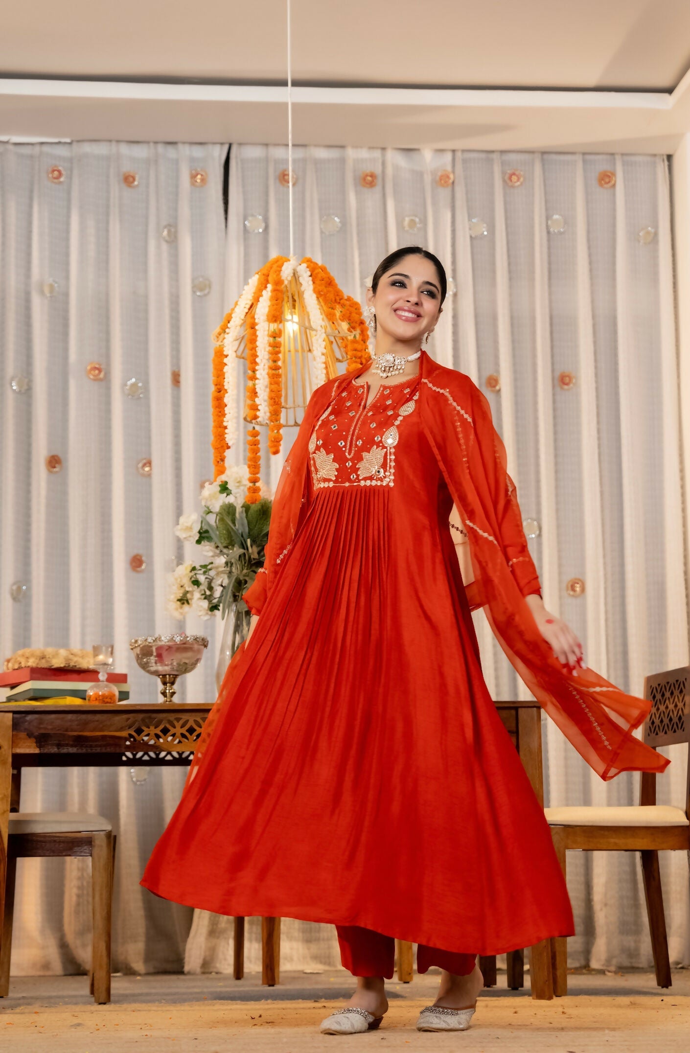 The52 Women's Gorgeous Embroidery Work Chanderi Silk Fabric Flared Kurta Pant and Dupatta Set | Grocsy