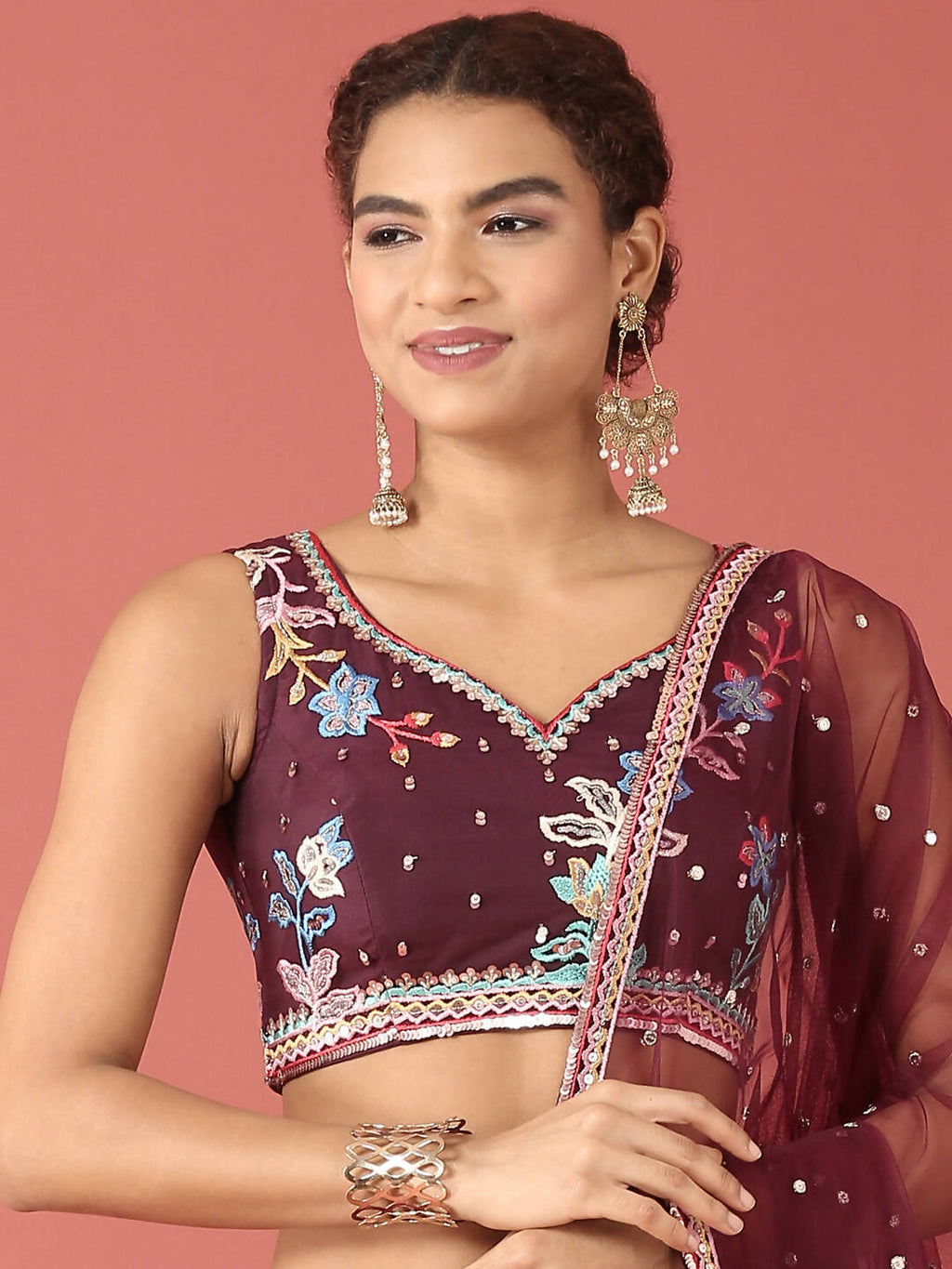 House of Panchhi Burgundy Net Multi colour Thread & Sequinse Work Lehenga & Blouse, Dupatta | Grocsy