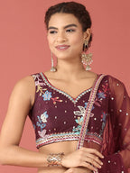 House of Panchhi Burgundy Net Multi colour Thread & Sequinse Work Lehenga & Blouse, Dupatta | Grocsy