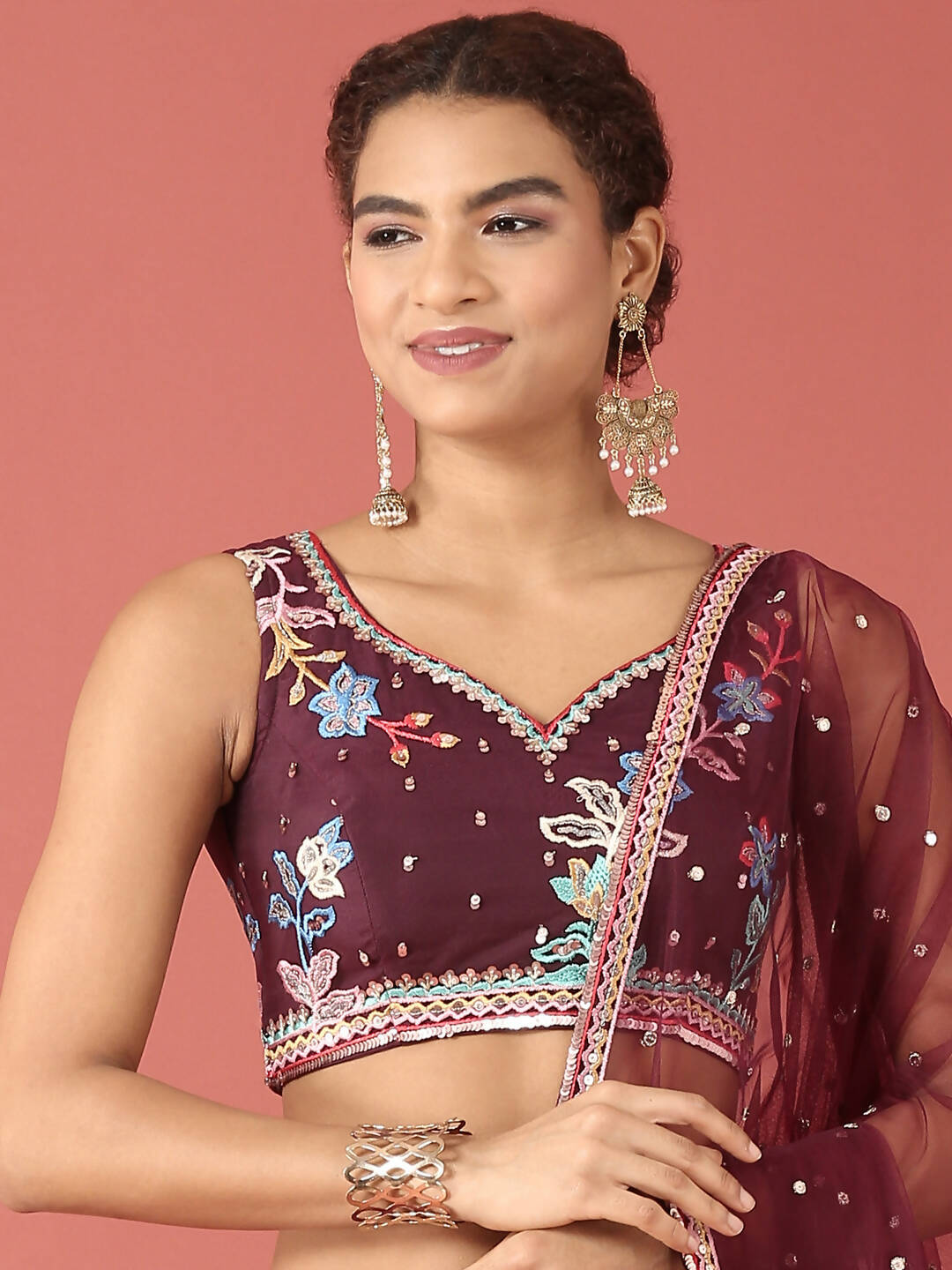 House of Panchhi Burgundy Net Multi colour Thread & Sequinse Work Lehenga & Blouse, Dupatta | Grocsy