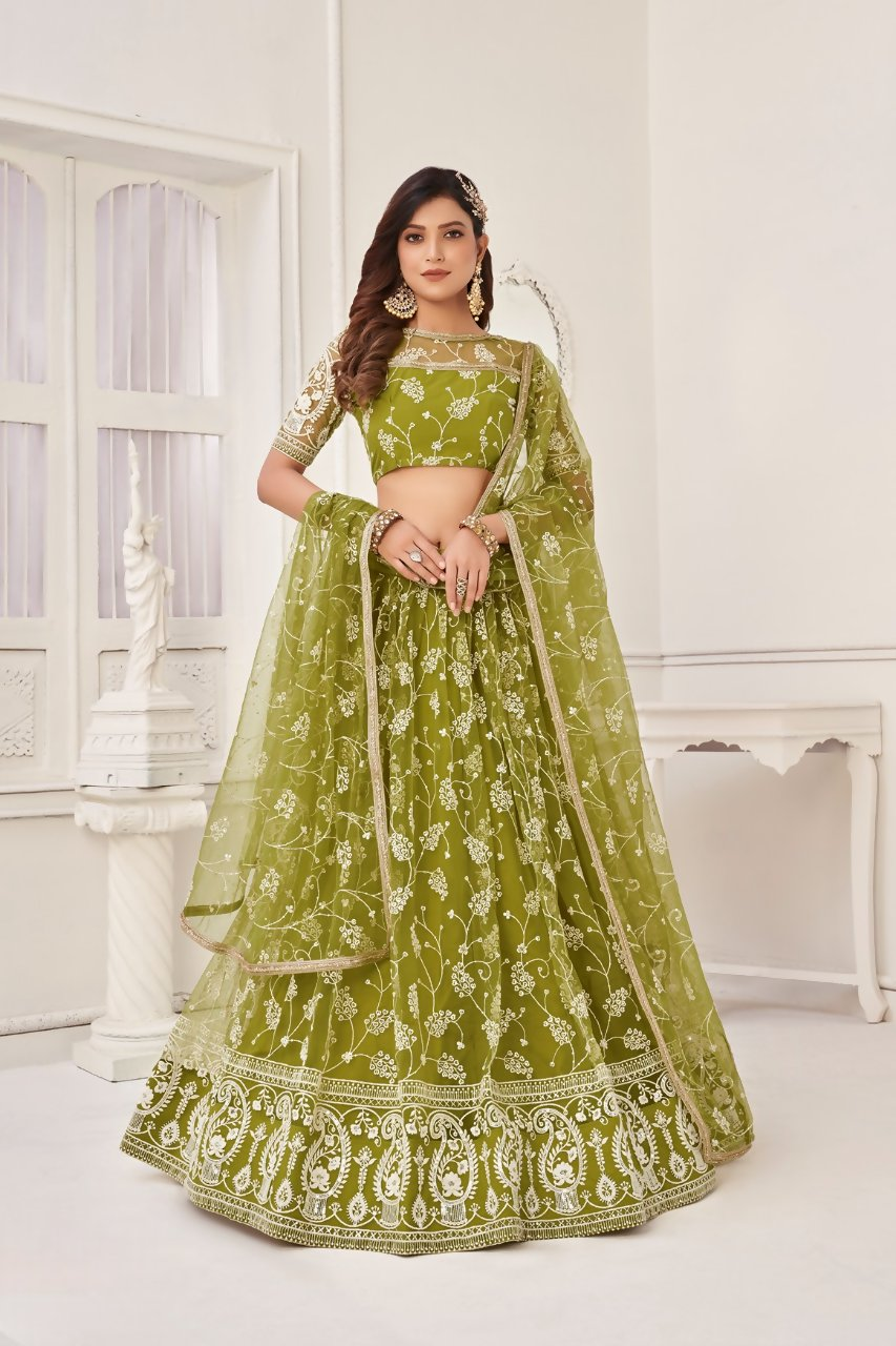 Eilara Women'S Olive Green Butterfly Net Embroidered Thread Work Party Wear Lehenga Choli | Grocsy