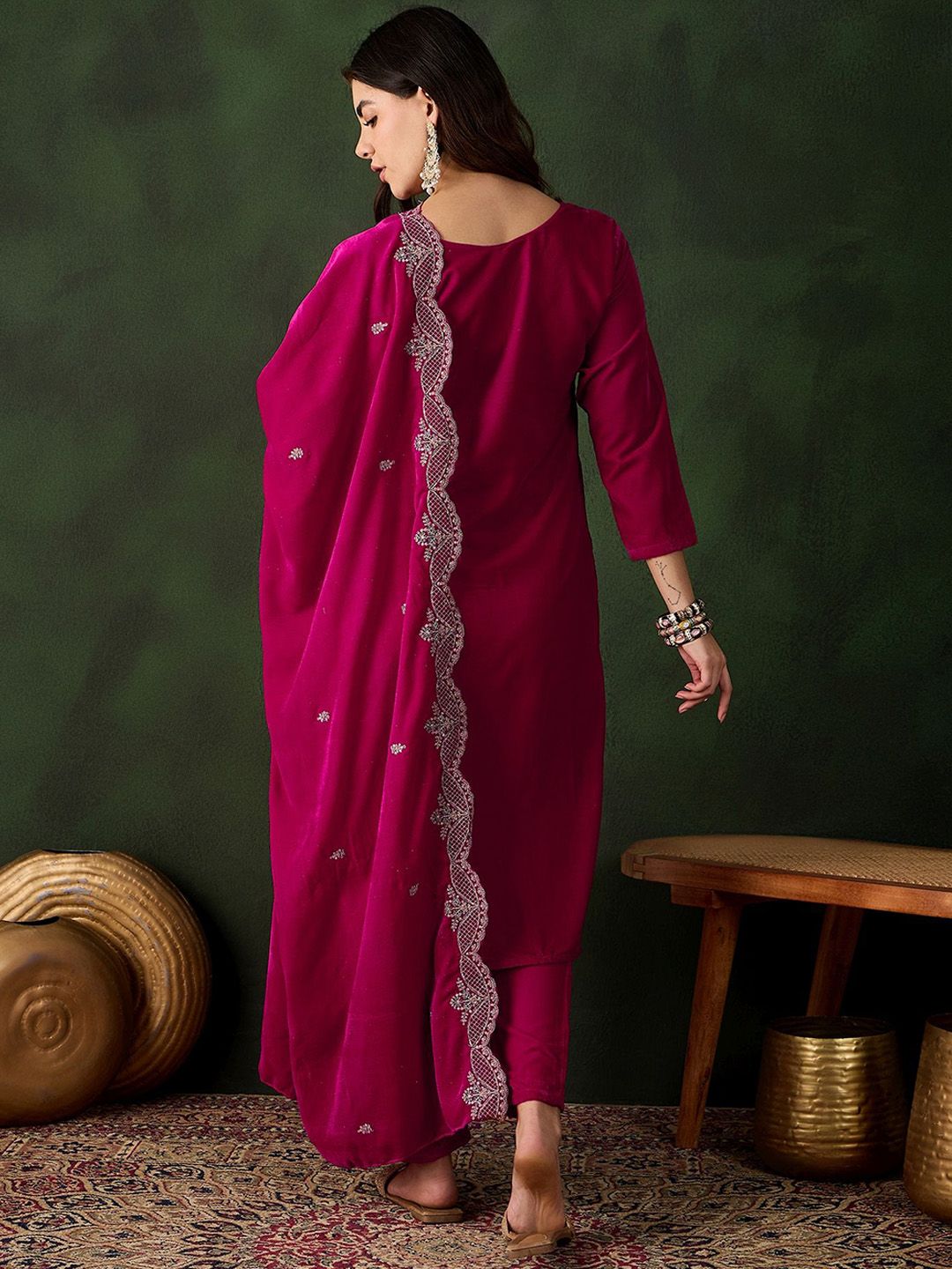 Sangria Floral Embroidered Straight Kurta & Trouser With Dupatta | Grocsy
