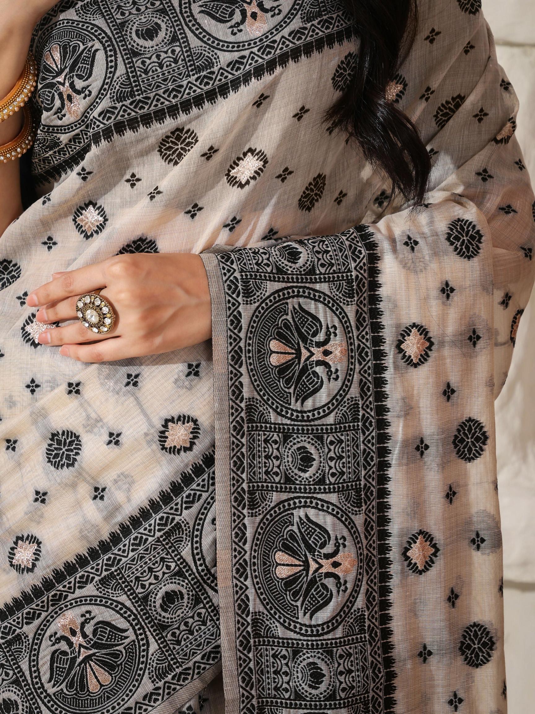Shree Shyam Fashion Linen Cotton Black & Cream Saree | Grocsy