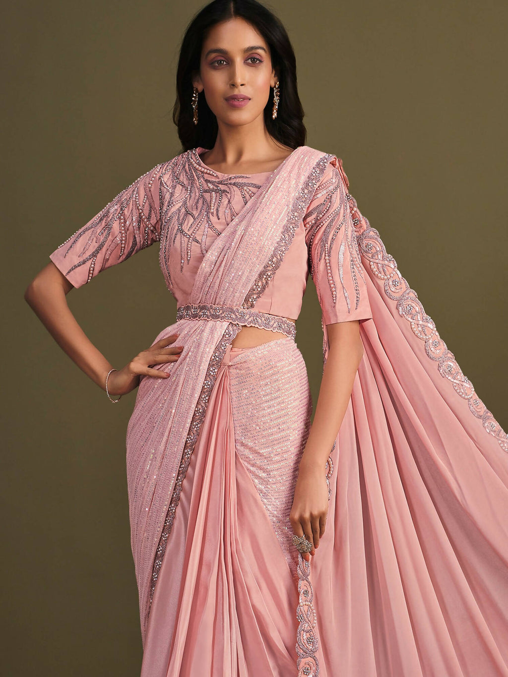 Peach Georgette Crepe Silk Sequence Embroidered Saree With Stitched Blouse - Mohmanthan La Belle | Grocsy