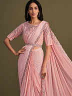 Peach Georgette Crepe Silk Sequence Embroidered Saree With Stitched Blouse - Mohmanthan La Belle | Grocsy