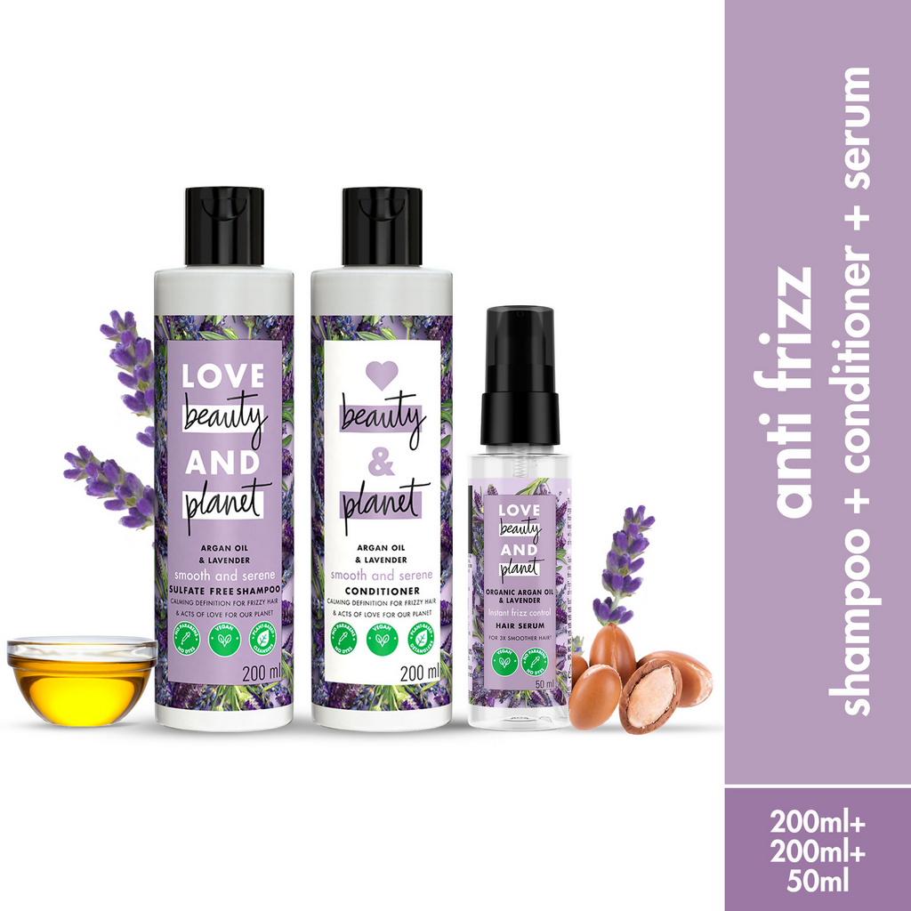 Love Beauty And Planet Argan Oil And Lavender Anti Frizz Shampoo Conditioner & Hair Serum Combo | Grocsy