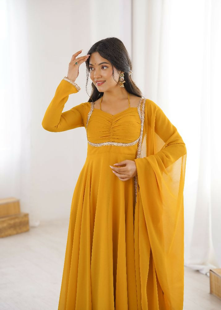 Teeya Creation Yellow Faux Georgette Designer Party Wear Long Gown | Grocsy