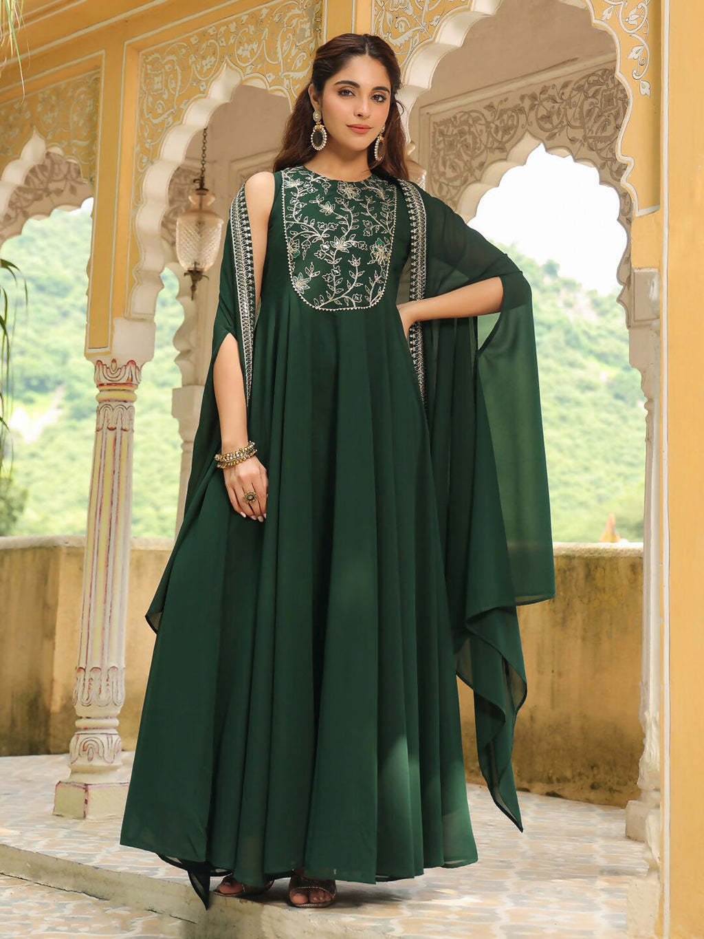 Janasya Dark Green Georgette Embroidered Dress & Jacket | Grocsy
