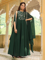 Janasya Dark Green Georgette Embroidered Dress & Jacket | Grocsy