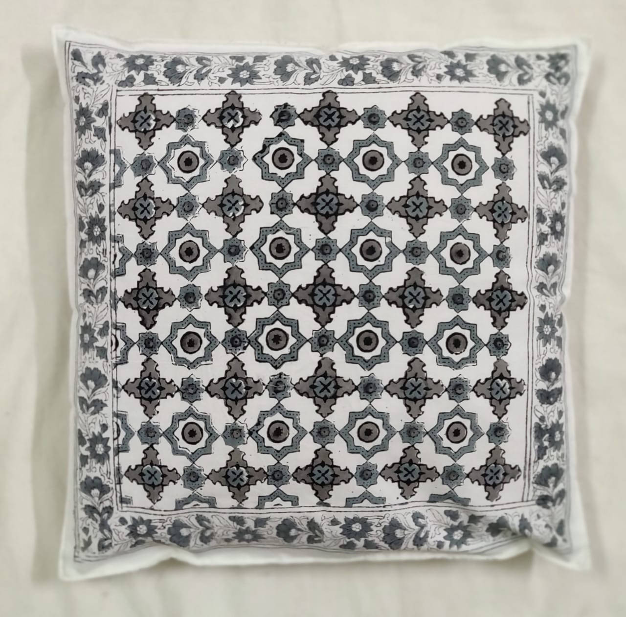 The Decor Nook Grey Jaal Print With Grey Border Cushion Cover | Grocsy