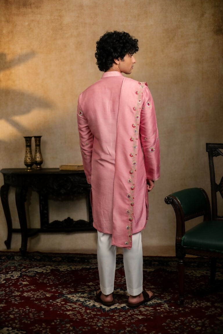 Falling Raw Silk Pink Gulab Pakshi Kurta Set By Hilo Design | Grocsy