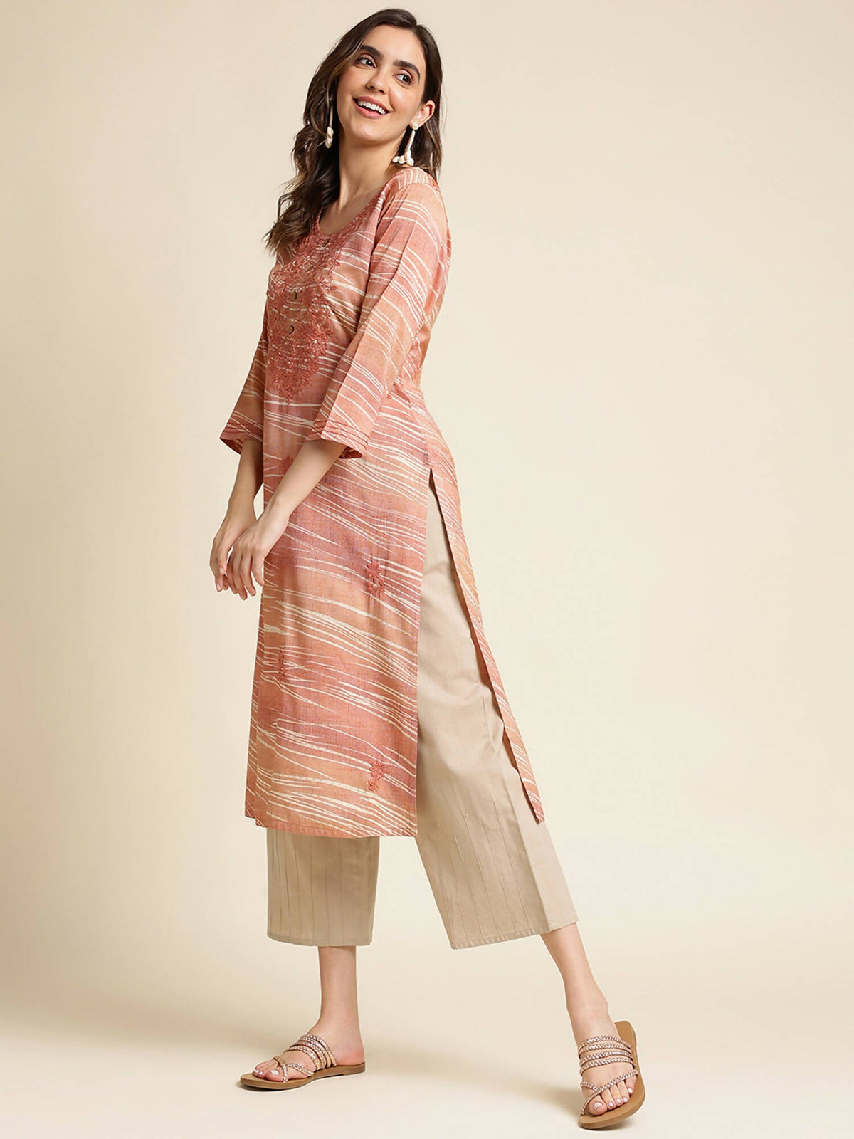 Peach Poly Rayon Stripe Printed Straight Fit Kurta - Prasuti | Grocsy