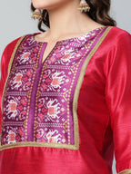 Ahalyaa Womens Red Art Silk Printed Kurta Pant Set | Grocsy