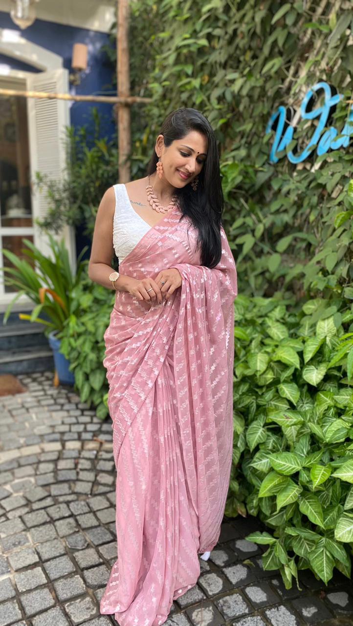 Pink Poly Chiffon Ethnic Motifs Saree with Unstitched Blouse - Hiral Fashion | Grocsy