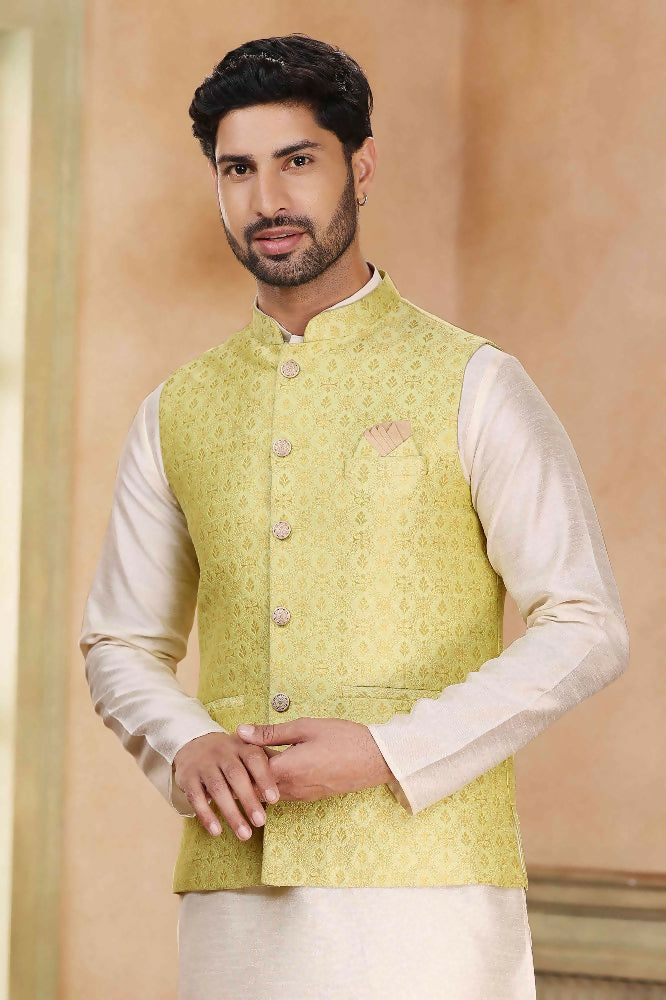 Raivat Ethnic Jacquard Banarasi Silk Woven Work 3 Pics Jacket Set In Lemon Colour | Grocsy