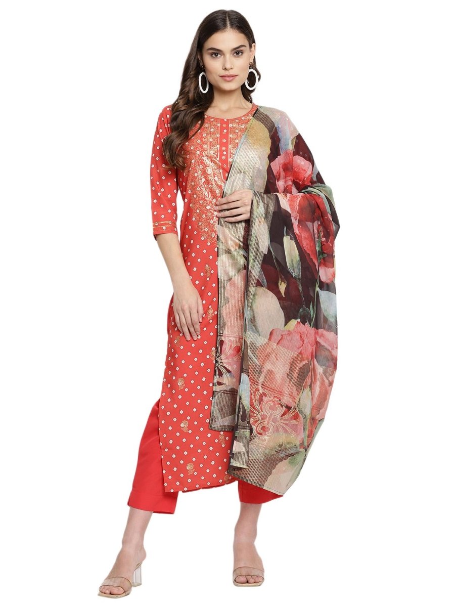 Ahalyaa Red Crepe Bandhani Gold Printed Kurta Pant With Dupatta | Grocsy