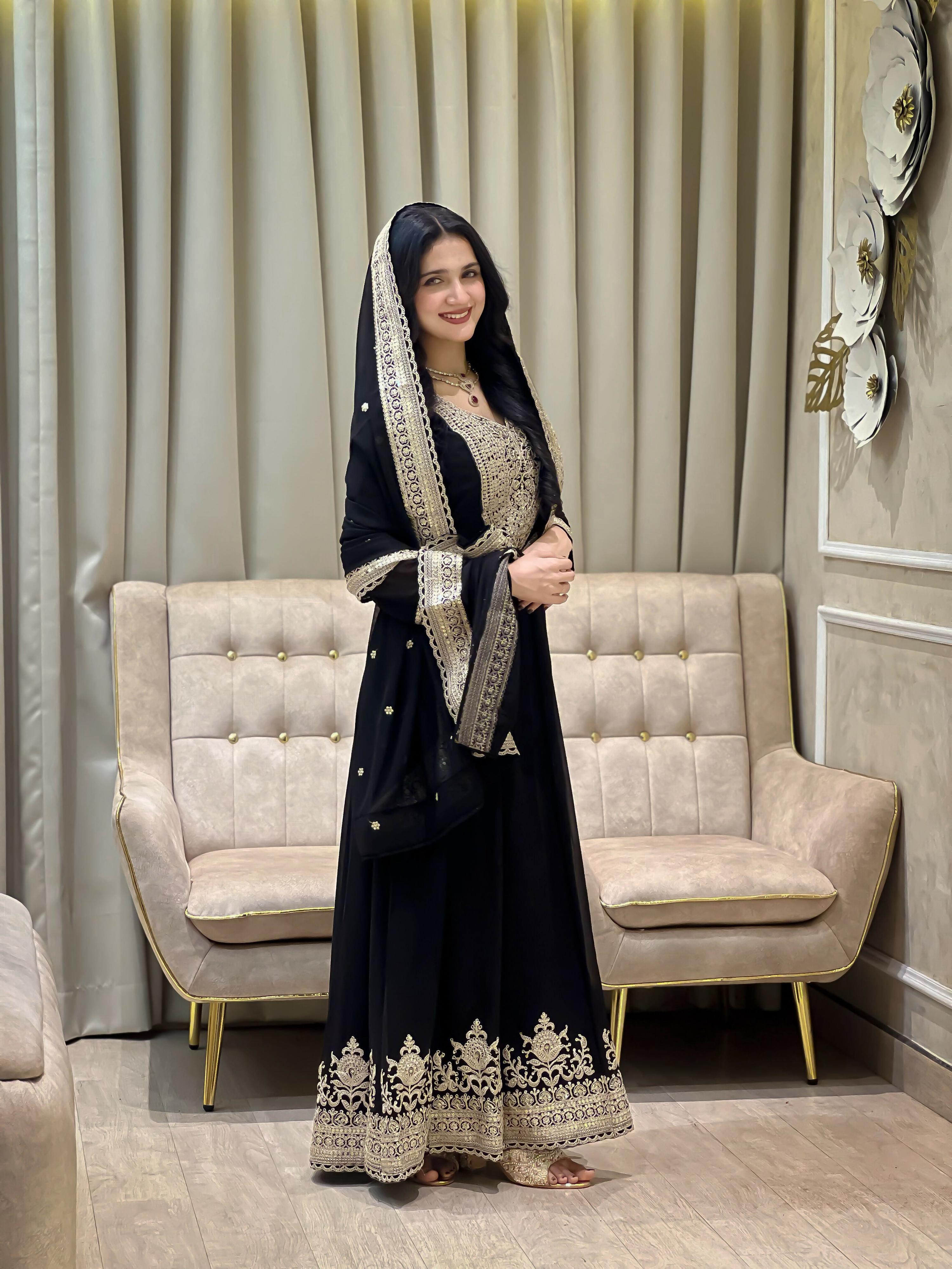 Teeya Creation Black Color Faux Georgette Embroidery Work Long Party Wear Gown | Grocsy