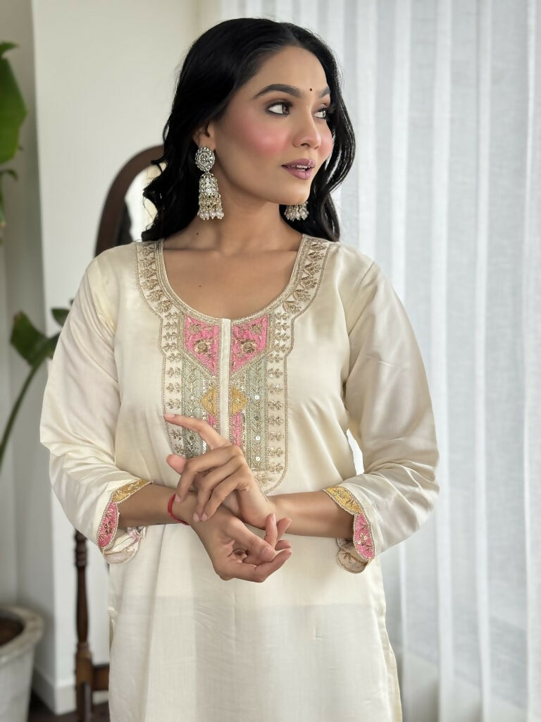Cream Viscose chanderi Stitched Suit With Dupatta - Tanisha | Grocsy