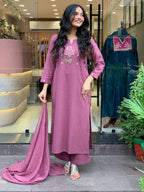 The52 Peach Women's Gorgeous Embroidered Cotton Fabric Straight Kurta Pant with Dupatta Set | Grocsy