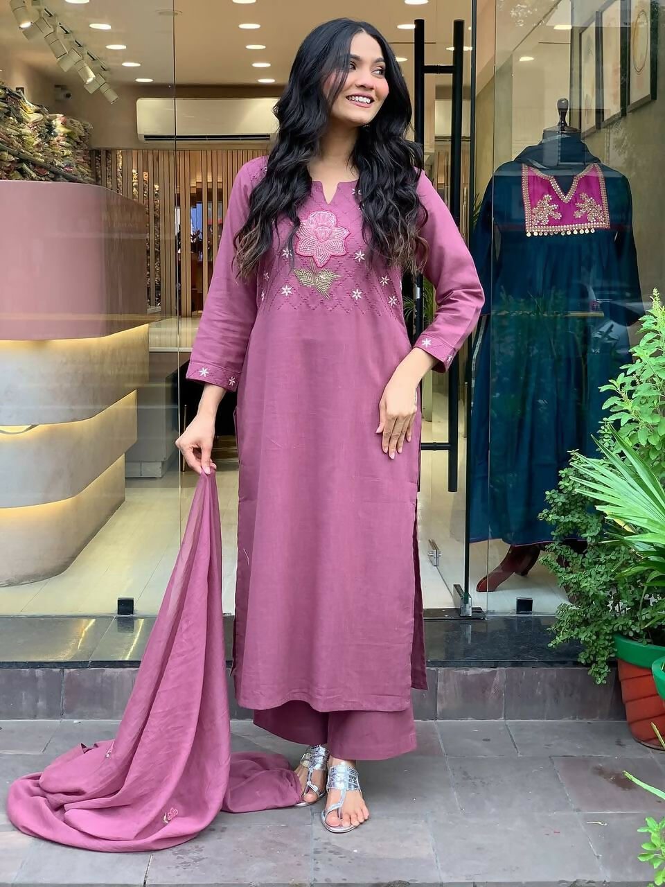 The52 Peach Women's Gorgeous Embroidered Cotton Fabric Straight Kurta Pant with Dupatta Set | Grocsy