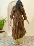 Vaasva Brown Boonta Cotton Printed Gathered Kurti With Pant | Grocsy